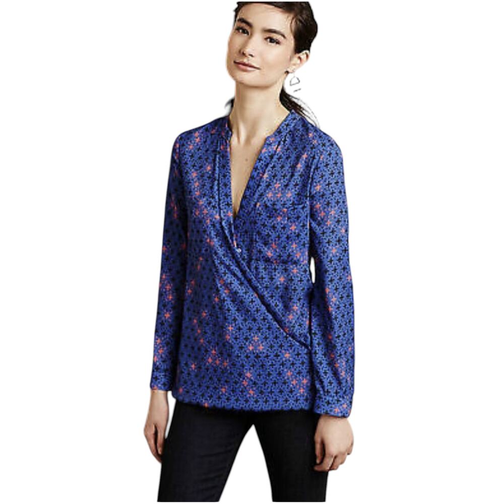 Maeve by Anthropologie Women's Blue Printed Eva‎ Cobalt Wrap Blouse Top Size 6